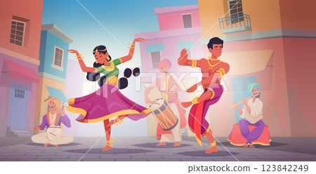 Indian performance. Action movement dancing characters male and female exact vector indian traditional show Indian performance. Action movement dancing characters male and female exact vector indian traditional show 123842249