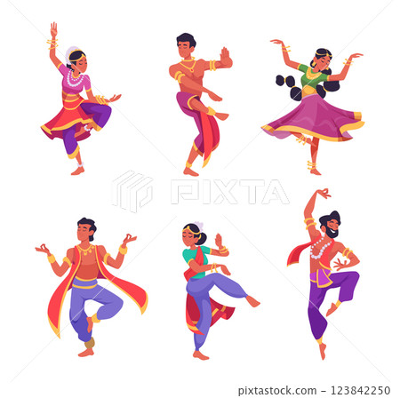Indian dancers. Traditional authentic performance from indian people exact vector dancers in action poses Indian dancers. Traditional authentic performance from indian people exact vector dancers in action poses 123842250