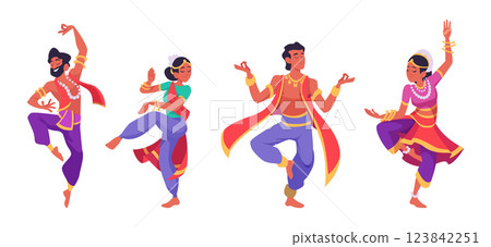 Indian dance. Male and female dancers traditional indian costumes for authentic performance exact vector cultural indian characters 123842251