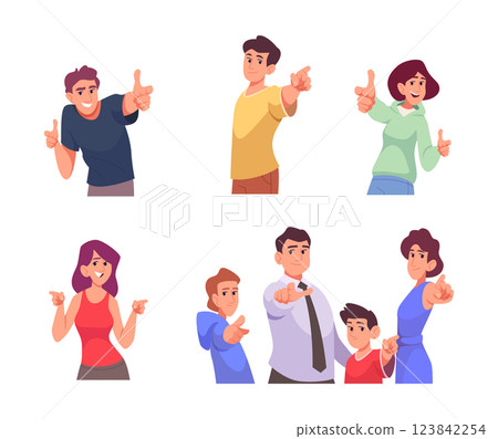 Pointing at you. Group of different people finger pointing showing gesturing something exact vector flat illustrations in action poses 123842254