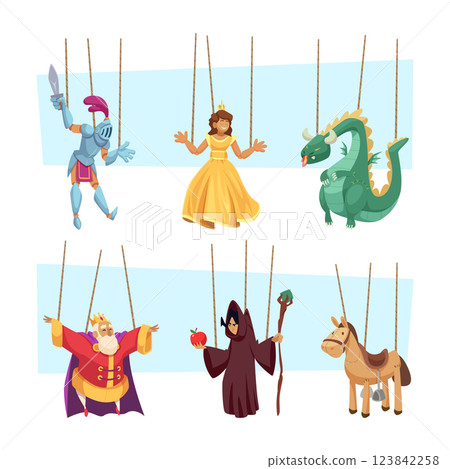 Wooden dummy. Theatrical puppets on strings exact vector controlling and manipulation template 123842258