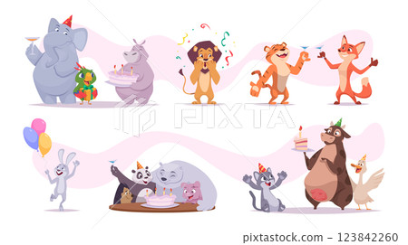 Birthday animals. Happy smile wild cartoon animals with cake and gifts exact vector party celebration concept pictures Birthday animals. Happy smile wild cartoon animals with cake and gifts exact vector party celebration concept pictures 123842260