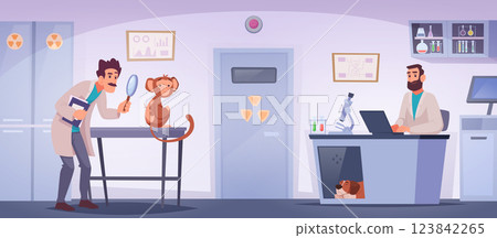Animal experiments. Background scientists lab with smart professional doctors making experiments exact vector cartoon template 123842265