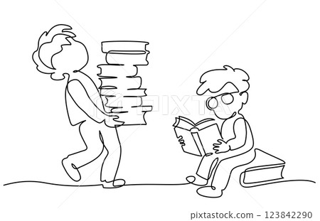 Two boys pupils sitting and standing with books in library. Students are preparing for lesson 123842290