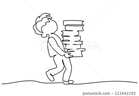 Young boy pupil walk and carry stack school books. Continuous one line drawing. 123842293