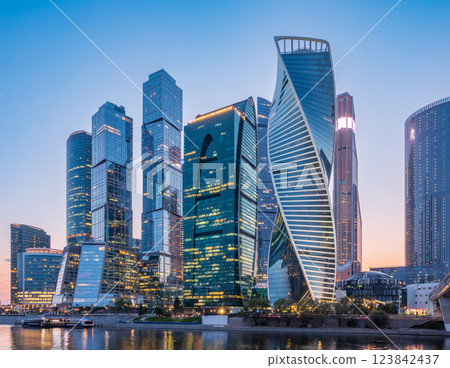 High buildings of Moscow-City at Moskva River at summer sunset, Russia. High buildings of Moscow-City at Moskva River at summer sunset, Russia. 123842437