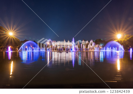 Long exposure image of colorful fountain sprays in gold and white neon illumination. Bright night in the Gorky Park in Moscow. Long exposure image of colorful fountain sprays in gold and white neon illumination. Bright night in the Gorky Park in Moscow. 123842439