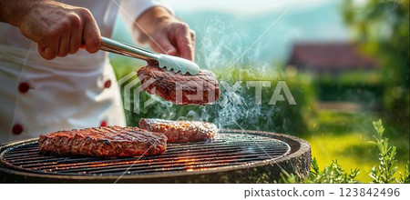 Chef holding large steak with meat tongs over flaming grill, close-up, with modern cottage and beautiful backyard in the background, copy space 123842496