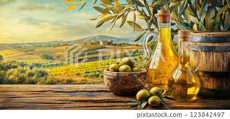 Bottle of olive oil, bowl of freshly harvested olives, old barrel on wooden table, Italian landscape with olive trees, empty copy space for your ad text 123842497