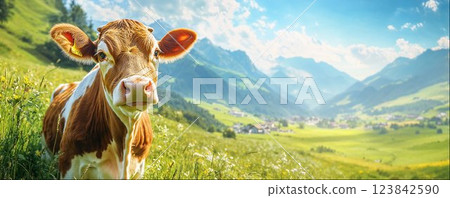 Close-up of a brown cow with Alpine meadows in the background, Swiss valley with dairy farms in the distance, advertisement template with empty copy space for your text 123842590
