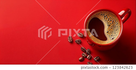 Red coffee cup with fresh black coffee and roasted beans on red background, copy space 123842623