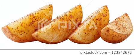 Baked potato slices with crispy golden seasoning isolated on white background with clipping path Baked potato slices with crispy golden seasoning isolated on white background with clipping path 123842673