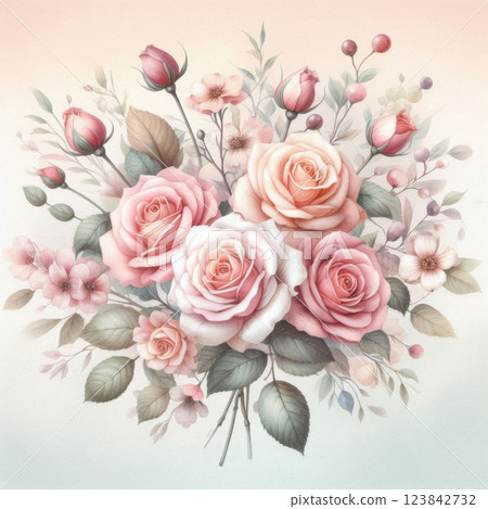 Elegant bouquet of roses in pink, peach, and cream shades, accented with blue and pink blossoms on a light background. Vibrant and harmonious floral artistry 123842732