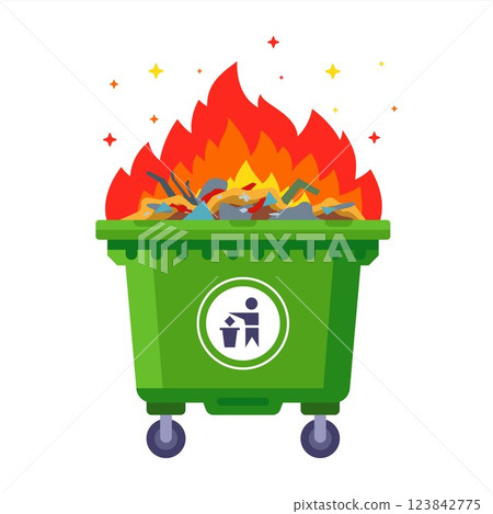 a green garbage container in which a fire burns. 123842775