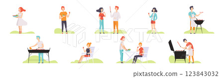 People Character at Barbecue Outdoor Picnic Vector Set People Character at Barbecue Outdoor Picnic Vector Set 123843032
