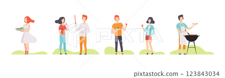 People Character at Barbecue Outdoor Picnic Vector Set 123843034