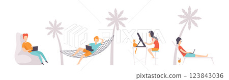 Man and Woman Freelancer Working at Comfortable Place with Laptop Vector Set Man and Woman Freelancer Working at Comfortable Place with Laptop Vector Set 123843036