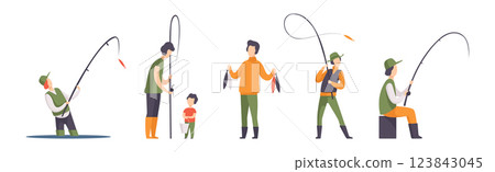 Man Fishing Catching with Rod and Rubber Boot Vector Set 123843045