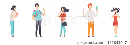 People Eating Ice Cream Walking Outdoor at Summer Vector Set People Eating Ice Cream Walking Outdoor at Summer Vector Set 123843047