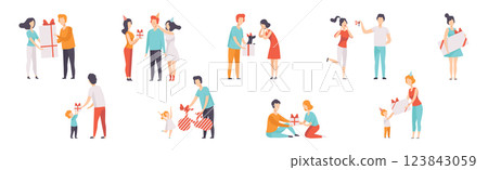 Happy People Character Exchange Gift Box on Holiday Vector Set Happy People Character Exchange Gift Box on Holiday Vector Set 123843059