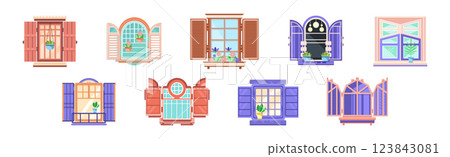 Colorful Open Window with Shutters and Houseplant Vector Set 123843081