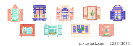 Colorful Open Window with Shutters and Houseplant Vector Set Colorful Open Window with Shutters and Houseplant Vector Set 123843083
