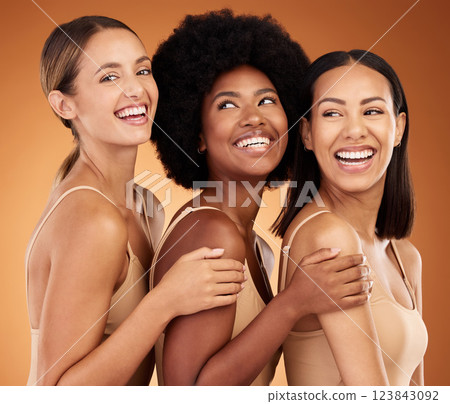 Beauty, happy and skincare women group smile together with healthy, glowing and clean skin. Diverse and natural cosmetic model girls smiling with satisfaction on brown studio background. 123843092