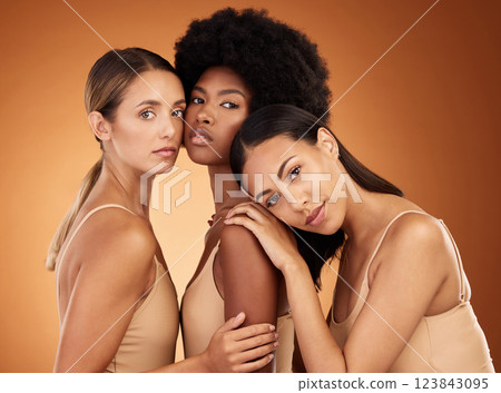 Beauty, diversity or self love portrait of women with facial cosmetics product, makeup or natural skincare. Group of people, woman empowerment and relax face of self care girl with wellness body care Beauty, diversity or self love portrait of women with facial cosmetics product, makeup or natural skincare. Group of people, woman empowerment and relax face of self care girl with wellness body care 123843095