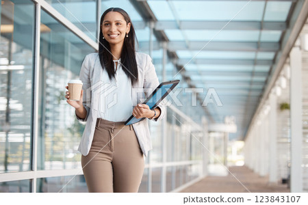 Walking, smile and business woman with coffee and a folder for work in the city of Germany in the morning. Happy, young and corporate employee with vision, motivation and tea for professional career Walking, smile and business woman with coffee and a folder for work in the city of Germany in the morning. Happy, young and corporate employee with vision, motivation and tea for professional career 123843107