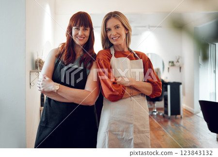 Hair salon, friends and portrait of happy hairdressers standing in their small business together. Happiness, smile and professional women hairstylists with a startup beauty parlor in Australia. Hair salon, friends and portrait of happy hairdressers standing in their small business together. Happiness, smile and professional women hairstylists with a startup beauty parlor in Australia. 123843132