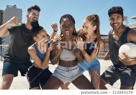 Sports soccer, winner celebration or team excited over game, competition or tournament victory. Crazy high energy, fitness training or diversity teamwork motivation, success or football athlete cheer 123843174