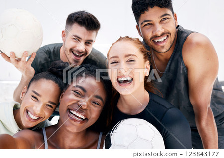 Friends, sports and selfie with team of football athletes for training, workout and social media together. Teamwork, soccer player and portrait of group of people for exercise, fitness and goals Friends, sports and selfie with team of football athletes for training, workout and social media together. Teamwork, soccer player and portrait of group of people for exercise, fitness and goals 123843177