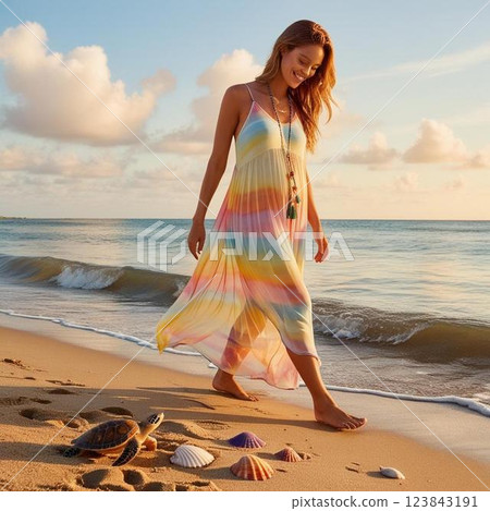 Girl on the beach, sea, beach, seashore, turtle, art, illustration, girl, nature, mood, summer, dress 123843191