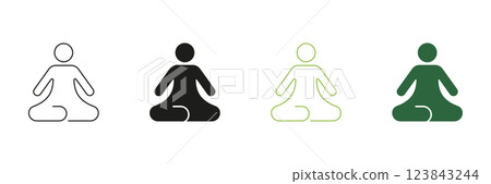 Meditation and Yoga Line and Silhouette Icon. Human Figure in Seated Position, Representing Mindfulness, Relaxation and Wellness. Stress Relief Outline and Solid Icon. Isolated Vector Illustration 123843244