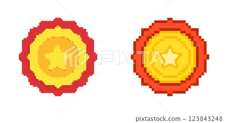 Pixel Star Medal Pixelated Icon Set. Pixel Art Symbol Collection Of Award Medals With Star Center. Isolated Vector Illustration Pixel Star Medal Pixelated Icon Set. Pixel Art Symbol Collection Of Award Medals With Star Center. Isolated Vector Illustration 123843248