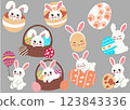 Cute bunnies with colorful eggs and baskets celebrating Easter festivities. 123843336