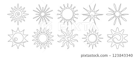 Continuous line sun set, sunshine icons or summer outline symbols in simple linear style Continuous line sun set, sunshine icons or summer outline symbols in simple linear style 123843340
