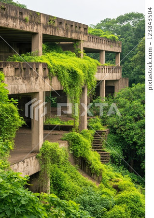 Overgrown abandoned building with lush greenery and nature. 123843504