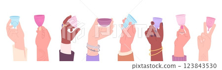Female hold menstrual cups. Hands with silicone cup period elements. Women personal hygiene, diversity of lady. Modern menstrual items, racy vector set 123843530