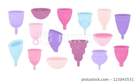 Menstrual cups. Female hygiene, reusable silicone special cup different forms for women period. Save nature and environment, medical equipment racy vector icons 123843531