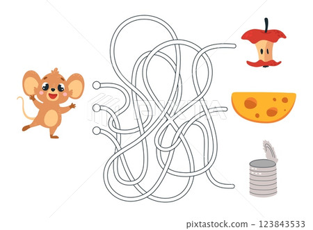 Children puzzle game. Help mouse find path to cheese. Choose right way, waste and food. Kids developing play for school, kindergarten, classy vector scene Children puzzle game. Help mouse find path to cheese. Choose right way, waste and food. Kids developing play for school, kindergarten, classy vector scene 123843533