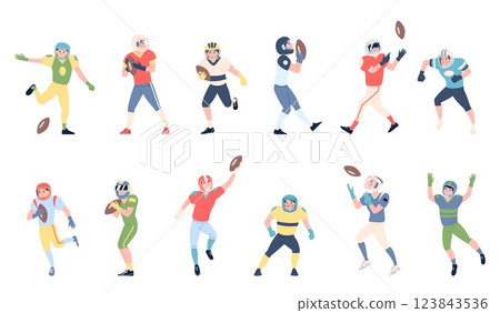 American football. Rugby players in sport uniform. Isolated flat athletes play with hand ball, sportlers in different poses. Competition characters recent vector set American football. Rugby players in sport uniform. Isolated flat athletes play with hand ball, sportlers in different poses. Competition characters recent vector set 123843536