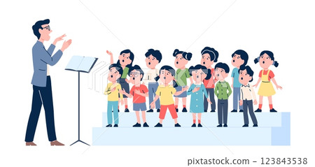 Kids choir. Singing lesson with teacher, musical school students or vocal competition talents. Children sing song together, music recent vector characters Kids choir. Singing lesson with teacher, musical school students or vocal competition talents. Children sing song together, music recent vector characters 123843538