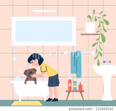 Girl wash dog in bathroom. Grooming at home, pet care. Owner doing hygiene for puppy. Responsibility for animal. Bath furniture, vector scene 123843542