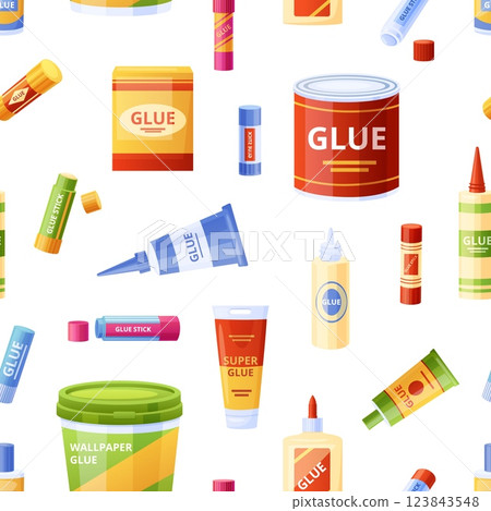 Cartoon glue seamless pattern. Glue in pencil, box and plastic containers. Elements for office and home renovation. Stylish print vector design 123843548