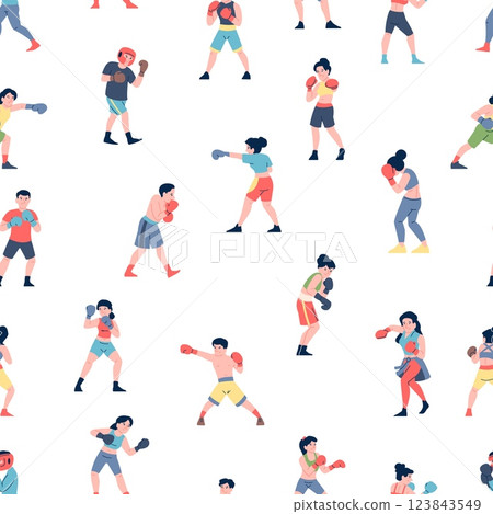 Boxers characters. Seamless pattern with athletes, sparring in box. People workout in sportswear. Sporting print design, vector background Boxers characters. Seamless pattern with athletes, sparring in box. People workout in sportswear. Sporting print design, vector background 123843549