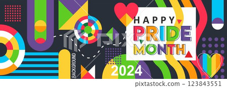 HAPPY PRIDE MONTH abstract background design geometric template. Vector Banner for Gay Pride Month 2024. Flat color rainbow shape Happy Pride Day. 123843551