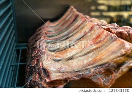 Marbled beef dry aging lies in the refrigerator in a restaurant. 123843578
