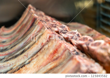 Marbled beef dry aging lies in the refrigerator in a restaurant. Marbled beef dry aging lies in the refrigerator in a restaurant. 123843582