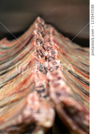 Marbled beef dry aging lies in the refrigerator in a restaurant. Marbled beef dry aging lies in the refrigerator in a restaurant. 123843586